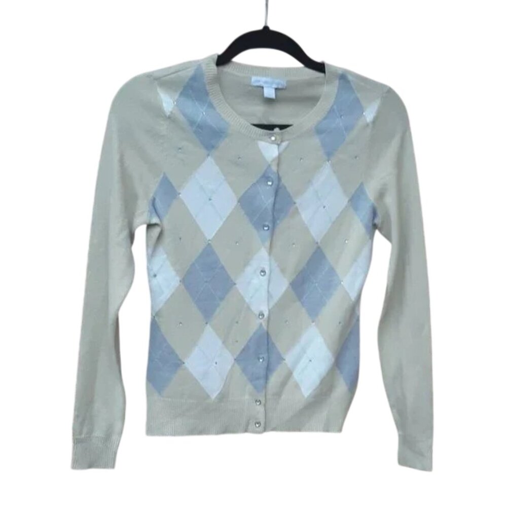 New York & Company Rhinestone Argyle Cardigan Sweater  - Size: XS